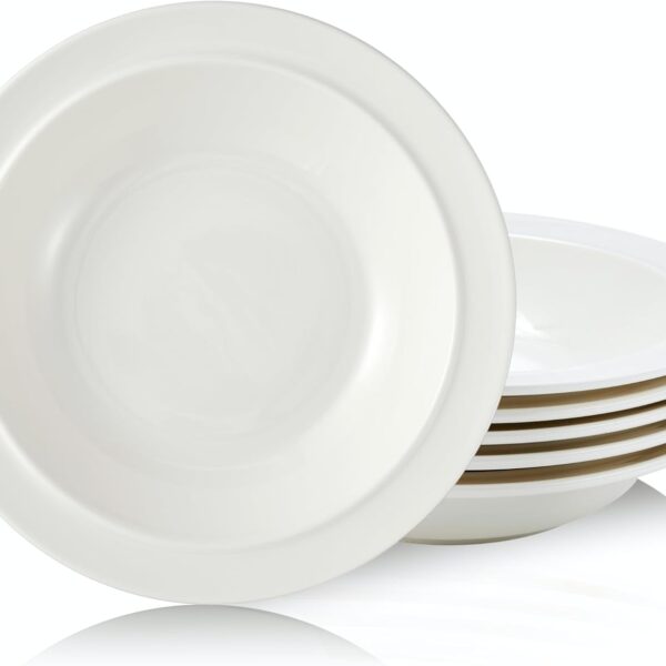 Porcelain 9-inch Rim Soup Bowl Set of 6 - Microwave, Oven and Dishwasher Safe, Scratch Resistant. (White)