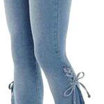TKMUNY Women's Lace-up Bell Bottom Denim Pants Mid Waist Stretchy Flare Juniors Jeans Trouser Leggings