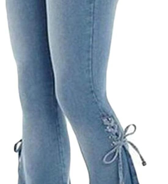 TKMUNY Women's Lace-up Bell Bottom Denim Pants Mid Waist Stretchy Flare Juniors Jeans Trouser Leggings