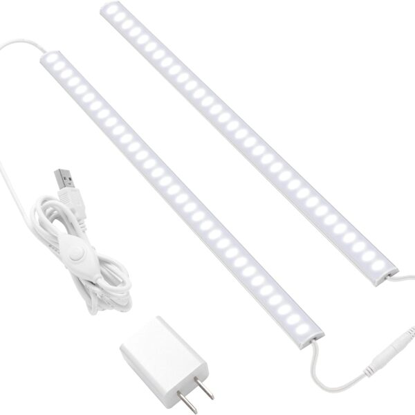 JUSJUBR Plug-in Under Cabinet Lighting, 2pcs 12 Inch Dimmable Closet Light, Cold White 6000K Linkable USB LED Light Bar, Memory Function, Under Counter Lights for Kitchen, Desk, Workspace