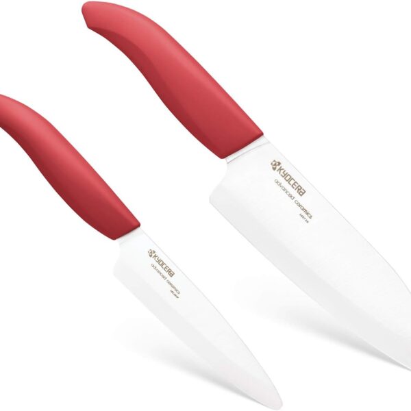 Kyocera Revolution Series 2-Piece Ceramic Knife Set: 5.5-inch Santoku Knife and a 4.5-inch Utility Knife, Red Handles with White Blades