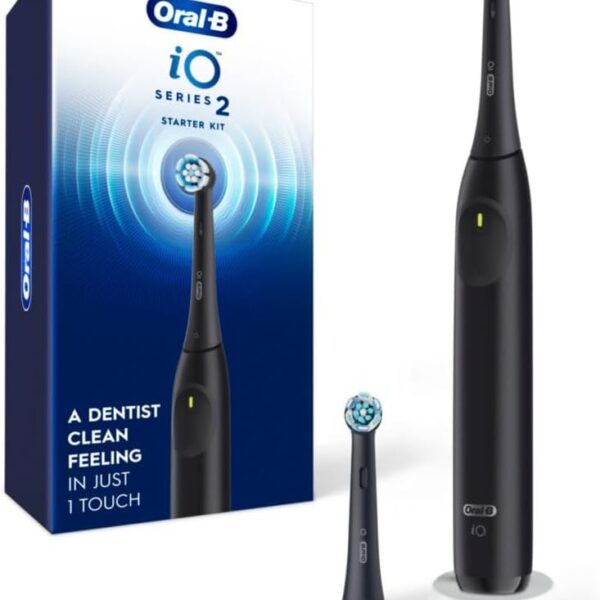 Oral-B Rechargeable Electric Toothbrush, iO2 Starter Kit, 3 Cleaning Modes, Automatic Pressure Sensor to Protect Gums, 2 Brush Heads, Night Black