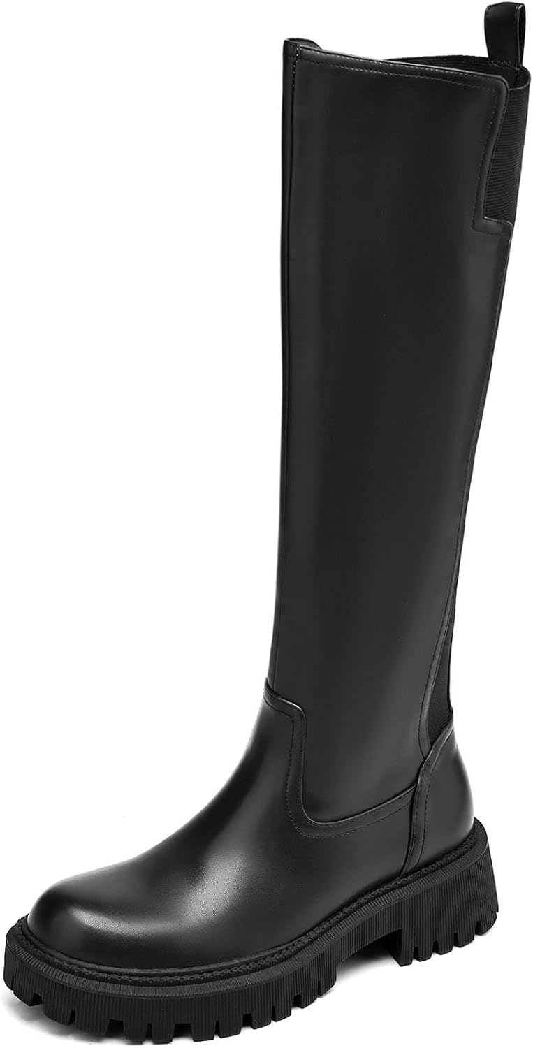 TEAIEU Knee High Boots for Women, Platform Chunky Block Low Heel Tall Boots, Round Toe Side Zipper Fall Long Boots for Dress, Stretch Calf, Comfortable