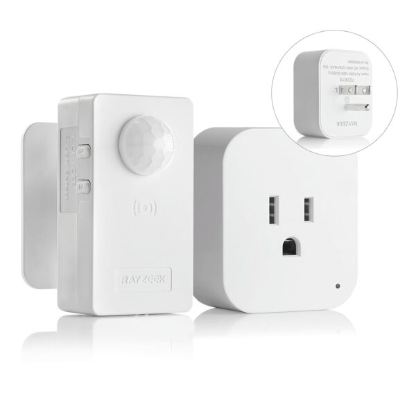 RAYZEEK Wireless Motion Sensor Plug Kits,No-Wire Mini PIR Sensor Switch Control Plug to Auto Turn On/Off Electrical Devices,10A/1100W for Christmas Lights,Fans,Household Appliances