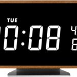 Wooden Digital Alarm Clock with Bluetooth Speaker Temperature Date Smart Electric Digital Bedside Clocks Night Light Table Snooze Large Display Alarm Clock Decor for Desk Bedroom Kid' s Room