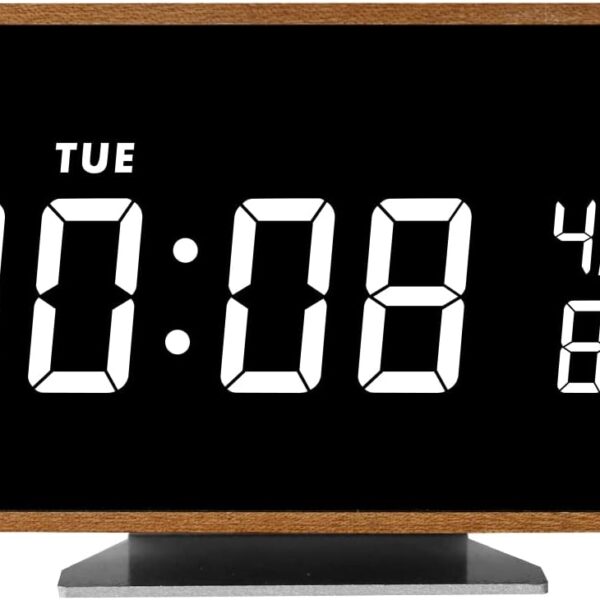Wooden Digital Alarm Clock with Bluetooth Speaker Temperature Date Smart Electric Digital Bedside Clocks Night Light Table Snooze Large Display Alarm Clock Decor for Desk Bedroom Kid' s Room