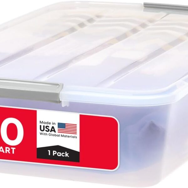 IRIS USA 50 Qt Plastic Under Bed Storage Organizer Bin Container with Secure Lids and Durable Buckles, Multi-Purpose for Seasonal Holiday Items Bedding Clothes Shoes, Long, Clear