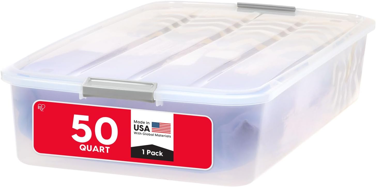 IRIS USA 50 Qt Plastic Under Bed Storage Organizer Bin Container with Secure Lids and Durable Buckles, Multi-Purpose for Seasonal Holiday Items Bedding Clothes Shoes, Long, Clear IRIS USA 50 Qt Plastic Under Bed Storage Organizer Bin Container with Secure Lids and Durable Buckles, Multi-Purpose for Seasonal Holiday Items Bedding Clothes Shoes, Long, Clear