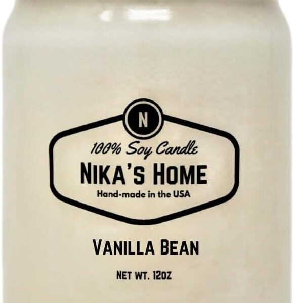 Nika's Home Vanilla Bean Soy Candle - 12oz Mason Jar - Non-Toxic - Hand Poured in The USA, Long Burning 50-60 Hours Highly Scented All Natural, Clean Burning