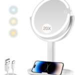MIYADIVA Makeup Mirror with Lights,20X Magnifying Mirror with Light and Touch Switch,Vanity Mirror with 3 Color Light and 80 LEDs,2-Sided Lighted Magnified Mirror 8.8 Inches
