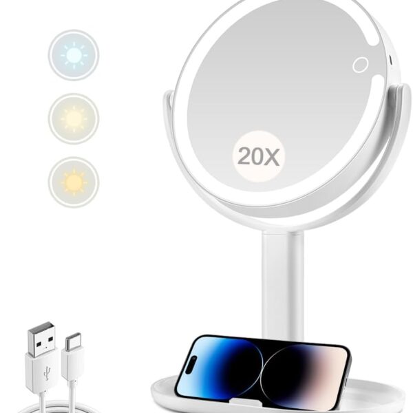 MIYADIVA Makeup Mirror with Lights,20X Magnifying Mirror with Light and Touch Switch,Vanity Mirror with 3 Color Light and 80 LEDs,2-Sided Lighted Magnified Mirror 8.8 Inches