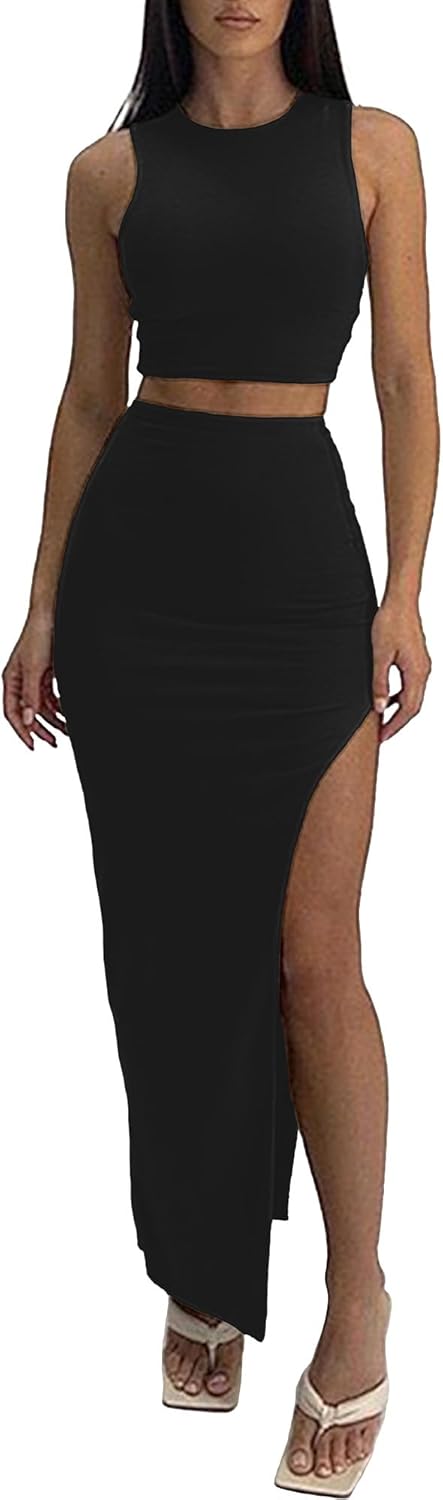 ELLEVEN Sexy 2 Piece Maxi Skirt Sets for Women - Knit Bodycon Crop Tank Top and High Slit Skirt Dress Set, Summer Outfits ELLEVEN Sexy 2 Piece Maxi Skirt Sets for Women - Knit Bodycon Crop Tank Top and High Slit Skirt Dress Set, Summer Outfits