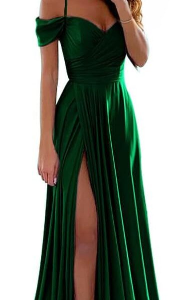 IIF Satin Bridesmaid Dresses Off Shoulder Spaghetti Strap Long Ruched A Line Formal Prom Dress with Slit IIF006