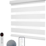 Motorized Zebra Blinds with Remote, Smart Dual Layer Automatic Shades with Privacy Light Control, Cordless Electric Blackout Blind for Indoor Windows, White, 34" W x 72" H