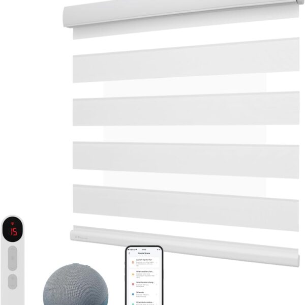 Motorized Zebra Blinds with Remote, Smart Dual Layer Automatic Shades with Privacy Light Control, Cordless Electric Blackout Blind for Indoor Windows, White, 34" W x 72" H