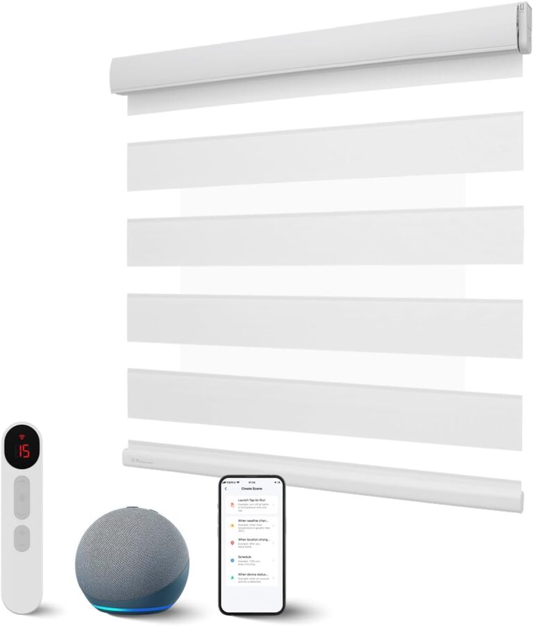 Motorized Zebra Blinds with Remote, Smart Dual Layer Automatic Shades with Privacy Light Control, Cordless Electric Blackout Blind for Indoor Windows, White, 34" W x 72" H