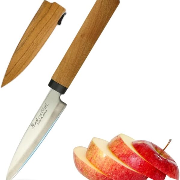 Japanese Paring Knife 4-Inch, High Carbon Stainless Steel Fruit Knife with Wooden Handle and Sheath, Small Utility Kitchen Knife for Peeling, Coring, Mincing, Made in Japan
