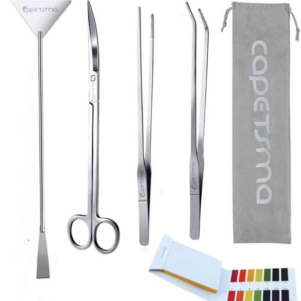 Capetsma Aquascape Long Stainless Steel Plant Tools Set - Aquarium Tweezers, Scissors, Spatula, Algae Scrapers - Fish Tank Cleaning Kit
