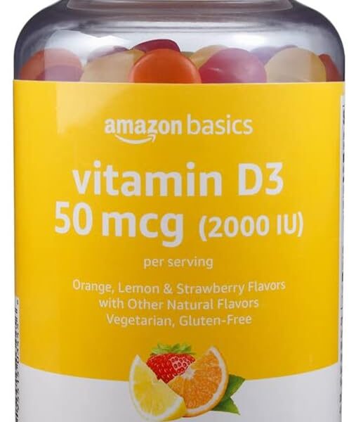 Amazon Basics Vitamin D3 2000 IU Gummies, Orange, Lemon & Strawberry, 160 Count (2 per Serving) (Previously Solimo)