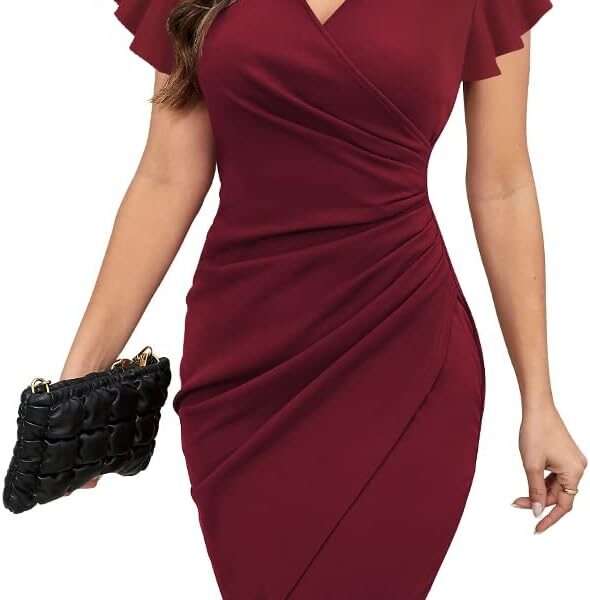 Machico 2026 Women's Sexy V Neck Ruffle Sleeve Faux Wrap Ruched Bodycon Sheath Cocktail Party Work Dress