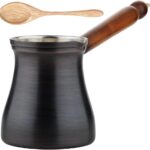 DEMMEX 15 oz Large Brushed Copper Turkish Coffee Pot Cezve Ibrik Greek Coffee Briki Stovetop Coffee Maker with Wooden Handle & Spoon, 1mm Thick Copper, Handmade in TURKEY, 6 Servings