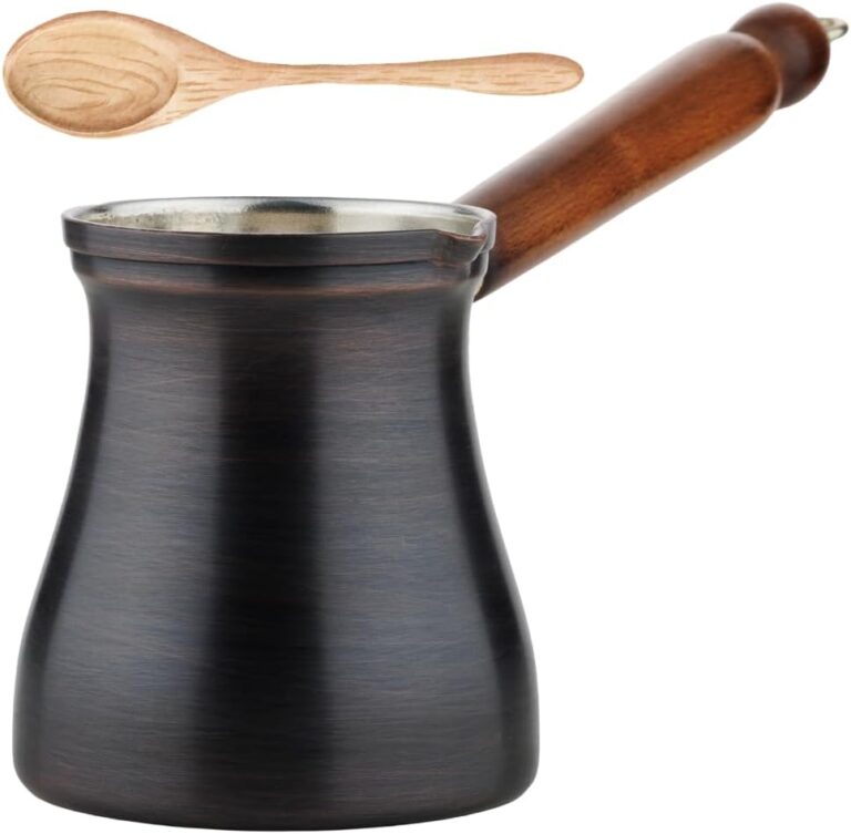 DEMMEX 15 oz Large Brushed Copper Turkish Coffee Pot Cezve Ibrik Greek Coffee Briki Stovetop Coffee Maker with Wooden Handle & Spoon, 1mm Thick Copper, Handmade in TURKEY, 6 Servings