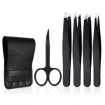 Tweezers Set 5-Piece - Professional Stainless Steel Tweezers with Curved Scissors, Best Precision Tweezer for Eyebrows, Splinter & Ingrown Hair Removal with Leather Travel Case (Black)