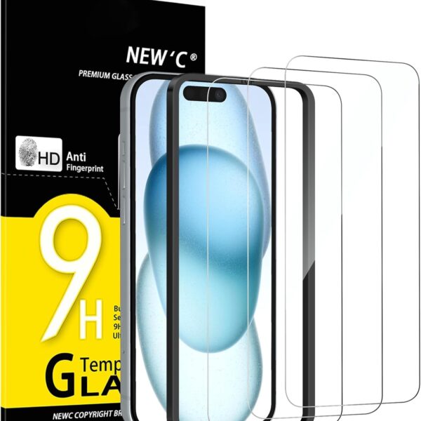 NEW'C 3 Pack Designed for iPhone 16, iPhone 15 Screen Protector (6.1 inches),Enhanced Tempered Glass Protection with easy installation tool included,Case Friendly Ultra Resistant | Tempered Glass, Case Friendly, Ultra Resistant