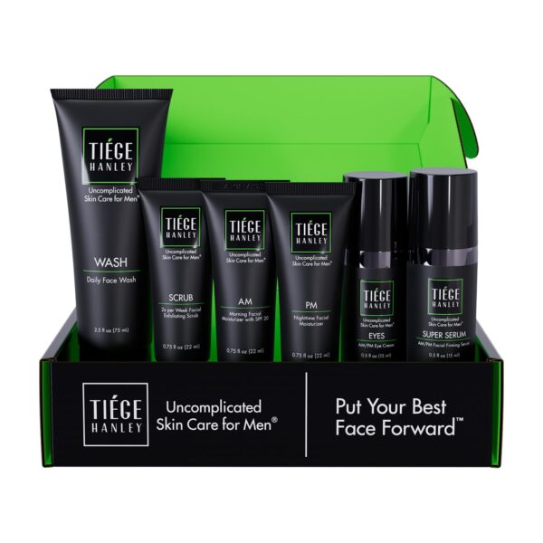 Tiege Hanley Skin Care Set for Men, Anti Aging Routine, System Level 3, Daily Face Wash, Facial Scrub, Two Moisturizers, Eye Cream, and Serum for Healthy, Hydrated Skin, Mens Skin Care, 6 Piece Kit