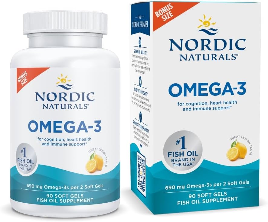 Nordic Naturals Omega-3, Lemon Flavor - 90 Soft Gels - 690 mg Omega-3 - Fish Oil - EPA & DHA - Immune Support, Brain & Heart Health, Optimal Wellness - Non-GMO - 45 Servings Nordic Naturals Omega-3, Lemon Flavor - 90 Soft Gels - 690 mg Omega-3 - Fish Oil - EPA & DHA - Immune Support, Brain & Heart Health, Optimal Wellness - Non-GMO - 45 Servings