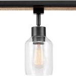 Globe Electric 59798 3-Light Track Lighting, Wood Toned and Matte Black Finish, 25 inch, Clear Glass Shades, Adjustable Heads, E26 Base, Dimmable, Rustic Modern Style
