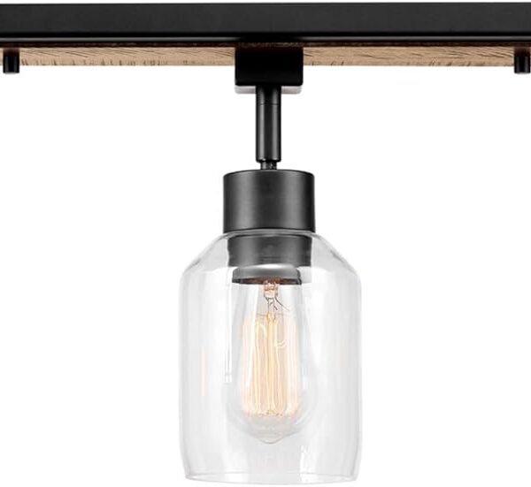 Globe Electric 59798 3-Light Track Lighting, Wood Toned and Matte Black Finish, 25 inch, Clear Glass Shades, Adjustable Heads, E26 Base, Dimmable, Rustic Modern Style