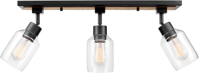 Globe Electric 59798 3-Light Track Lighting, Wood Toned and Matte Black Finish, 25 inch, Clear Glass Shades, Adjustable Heads, E26 Base, Dimmable, Rustic Modern Style