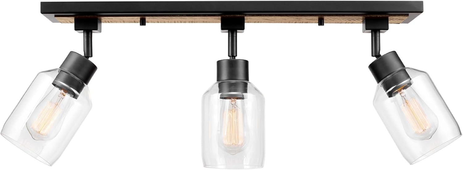 Globe Electric 59798 3-Light Track Lighting, Wood Toned and Matte Black Finish, 25 inch, Clear Glass Shades, Adjustable Heads, E26 Base, Dimmable, Rustic Modern Style Globe Electric 59798 3-Light Track Lighting, Wood Toned and Matte Black Finish, 25 inch, Clear Glass Shades, Adjustable Heads, E26 Base, Dimmable, Rustic Modern Style