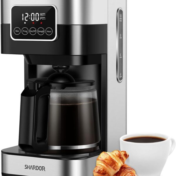 SHARDOR 10-Cup Programmable Coffee Maker, Regular & Strong Brew Drip Coffee Machine for Home and Office, Auto Shut Off, Permanent Filter, Silver