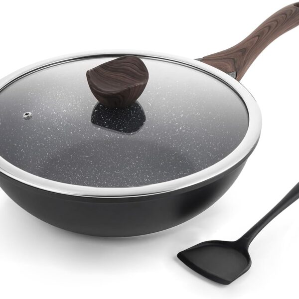 Kordisen Nonstick Wok with Lid, 12 Inch Woks & Stir-fry Pans, Granite Stone Coating for Cooking, Induction Cookware, Compatible with All Stovetops, PFOA Free