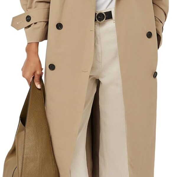 Farktop Womens Oversized Long Trench Coat Double Breasted Lapel Windproof Overcoat with Belt
