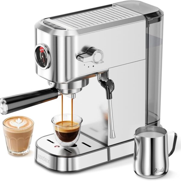 XIXUBX 20Bar Espresso Machine, Compact Espresso Maker with Milk Frother, Stainless Steel Coffee Machine for Cappuccino&Latte, 42oz Water Tank, Visible Pressure Gauge, Home&Office, Silver