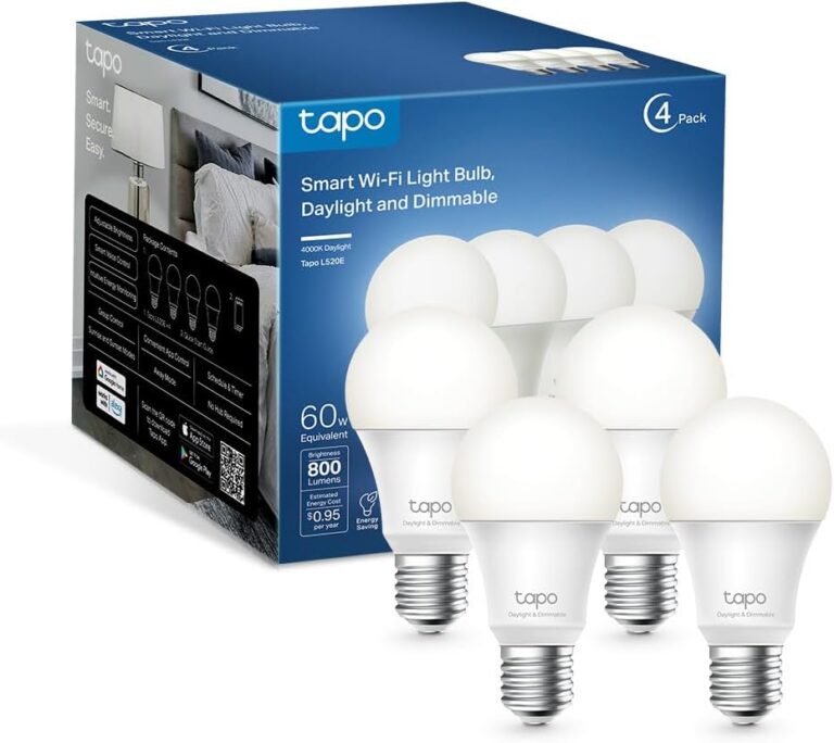 Tapo TP-Link Smart Light Bulbs - Natural Daylight, Dimmable, Compatible w/Alexa and Google Home, A60 Bulb/E27 Base, 60W Equivalent, 800LM CRI>90, 2.4GHz WiFi Only, No Hub Required, L520E(4-Pack)