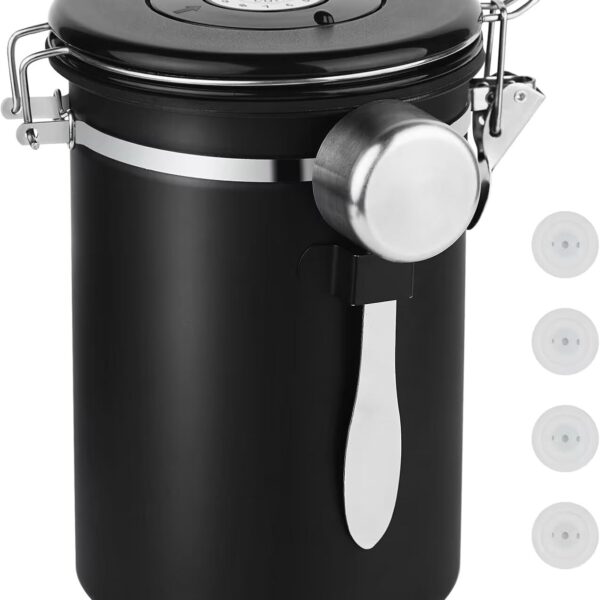 Ohtomber Coffee Canister Storage Container - 22OZ Stainless Steel Airtight Coffee Bean Storage Grounds Container with Date Tracker & Measuring Scoop, Kitchen Food Canister Jar for Cereal, Sugar, Tea