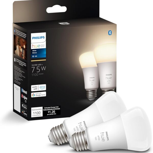Philips Hue Smart 75W A19 LED Bulb - Soft Warm White Light - 2 Pack - 1100LM - E26 - Indoor - Control with Hue App - Works with Alexa, Google Assistant and Apple Homekit