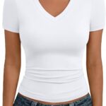 Trendy Queen Womens Basic V Neck Short Sleeve Spring T Shirts Slim Fit Crop Y2k Tee 2026 Summer Gym Workout Cute Top