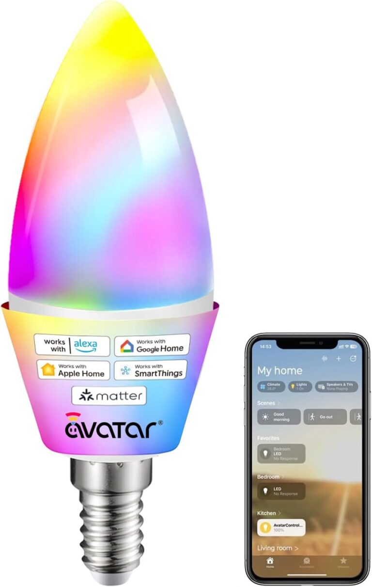 Avatar Controls E12 Smart Light Bulb Candelabra - Matter LED Bulb Compatible with Apple Homekit/Alexa, No 3rd-Party App, Hub Required, 5W RGBCW Dimmable Candle Light Bulb for Chandeliers & Fixtures