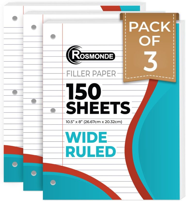 Rosmonde Loose Leaf Paper, 450 Sheets, 3 Pack, Wide Ruled Sheets, 8" x 10.5", Bulk Notebook Paper, 3 Hole Punched, 150 Sheets/Pack, Wide Ruled Paper for Binders, Loose Leaf Office Paper, White