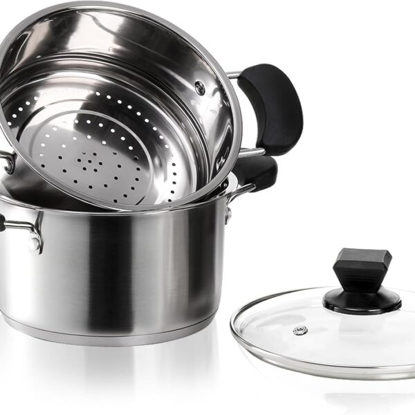 ZENFUN 1.8 Quart Stainless Steel Steamer Pot with Basket, Stock Pot with Glass Lid, Mini Steaming Pot Cookware with Handle, Metal Cooking Steamer for Vegetable, Stews, Pasta, Sauce, Individual-use