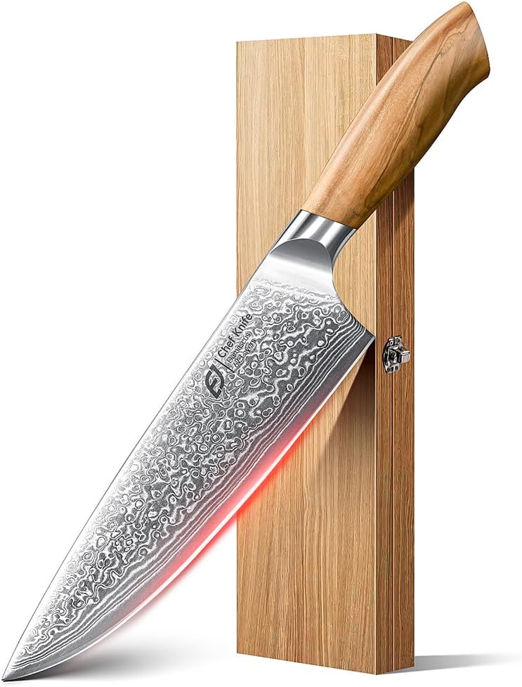 Damascus Chef Knife in Japanese Steel, 67-Layers Damascus Kitchen Knife with Wooden Gift Box and Original Olive Wood Handle, Cooking Knives for Home Kitchen Gift Idea Damascus Chef Knife in Japanese Steel, 67-Layers Damascus Kitchen Knife with Wooden Gift Box and Original Olive Wood Handle, Cooking Knives for Home Kitchen Gift Idea