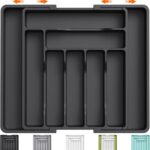 Lifewit Utensil Organizer for Kitchen Drawer, Expandable Cooking Silverware Tray, Adjustable Cutlery Flatware Holder, Plastic Spatula Tools Storage Divider, 13-22.4 x 15", Black