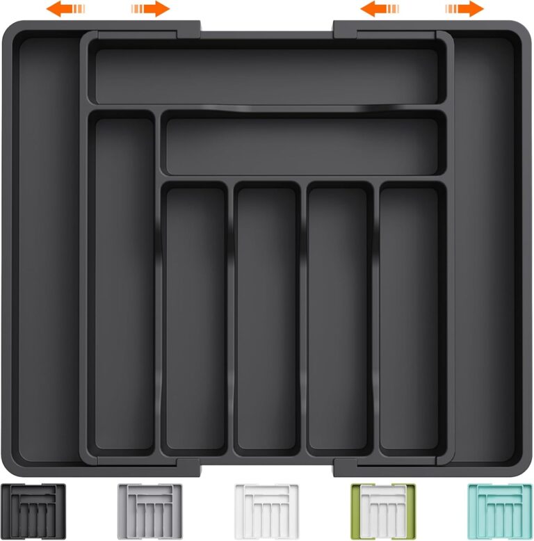 Lifewit Utensil Organizer for Kitchen Drawer, Expandable Cooking Silverware Tray, Adjustable Cutlery Flatware Holder, Plastic Spatula Tools Storage Divider, 13-22.4 x 15", Black