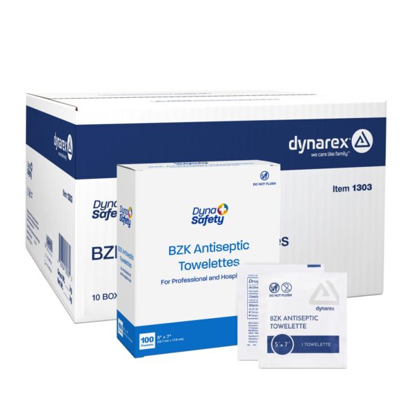Dynarex DynaSafety BZK Antiseptic Towelettes - Sterile, Alcohol and Fragrance Free, Gentle Cleansing, Safe on Minor Wounds - 5" x 7" - Case of 10 Boxes, 100 per Box