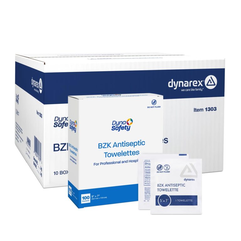 Dynarex DynaSafety BZK Antiseptic Towelettes - Sterile, Alcohol and Fragrance Free, Gentle Cleansing, Safe on Minor Wounds - 5" x 7" - Case of 10 Boxes, 100 per Box